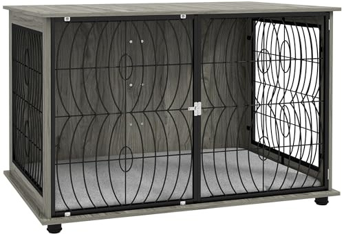 PawHut Dog Crate Furniture, Dog Cage End Table with Large Top, Soft Washable Cushion, Lockable Front Door, Wire Mesh Ventilation, Indoor Pet Crate for Extra Large Sized, 118 x 75 x 82cm - Grey