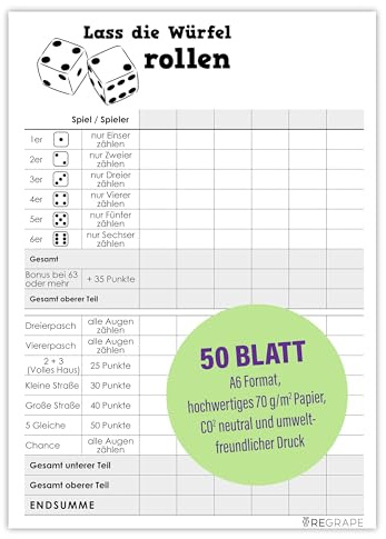 ReGrape 5 blocchi di dadi + 1 blocco di standby gratuito, formato A6, carta di qualità, antiperforazione, made in Germany, prodotto in Germany, rispettoso dell'ambiente
