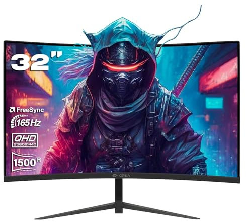 CRUA 32 Curved Gaming Monitor, QHD 1440P, 165Hz, 1ms GTG, 1500R, 99% sRGB, FreeSync, Narrow Bezel, HDMI/DP, Wall Mountable, Desktop PC Display