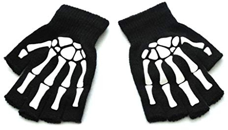 YIBOZI Guanti invernali a mezze dita in maglia per sport di Halloween che si illuminano al buio scheletro Cosplay elastici senza dita guanti invernali