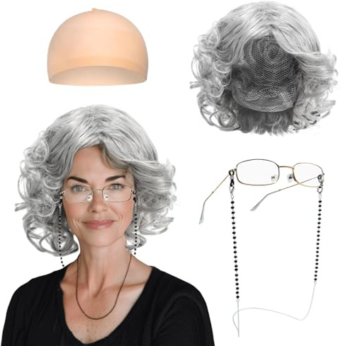 FUIPVGI Oma Kostüm Kittelschürze damen graues Oma Perücken Set mit Oma Perücke, Brille und Kette, Zubehör-Set, Oma-Perückenkappe für Halloween, Welttag des Buches, Maskerade, Karneval