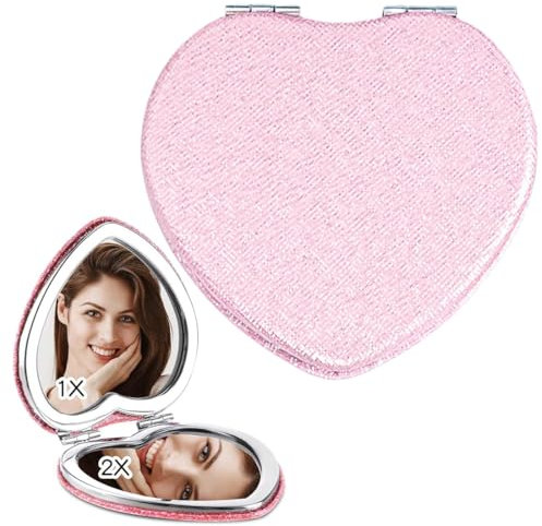 1 pezzo specchio tascabile portatile in PU, specchio pieghevole compatto da 72 mm per borsa, viaggi, make-up (cuore rosa)