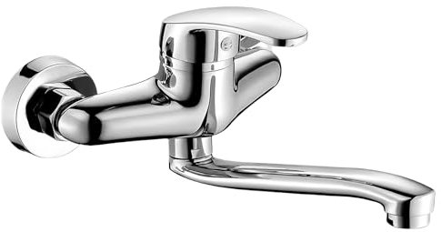 Wasserhahn Wandmontage, Küchenarmatur Wandmontage, 360° Drehbar Wasserhahn Küche Wandarmatur, Spültischarmatur Mischbatterie, Kalt und Heiß Einhebelmischer Küchenarmatur Wandmontage, 25cm Schwenkarm