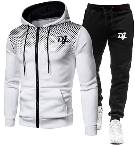 ZYHJZ Tuta da uomo, 2 pezzi, per DJ Pioneer, giacca con cappuccio e cerniera completa e pantaloni da jogging, tute sportive, tute a maniche lunghe con tasche,White-XL