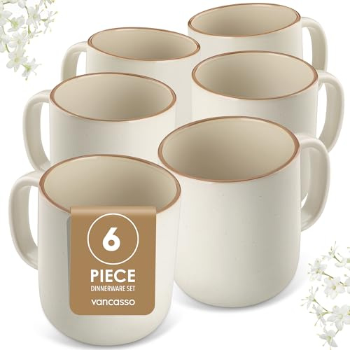 vancasso Kaffeetassen Set 6er, RENO Kaffeeservice 480ml Große Steingut Kaffeebecher mit Henkel, Moderne Kaffeetasse Set für Tee, Saft, Latte, Cappuccino, Kakao, Spülmaschinen- & Mikrowellenfest, Beige