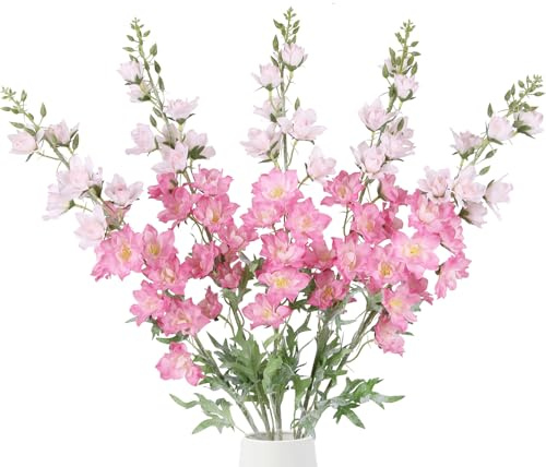 IPOPU 37 Pink Delphinium Artificial Flowers 5PCS Real Look Flocked Faux Delphinium Flowers with Fuzz Long Stem Silk Larkspur Snapdragon for Wedding & Home Decor(Pink)