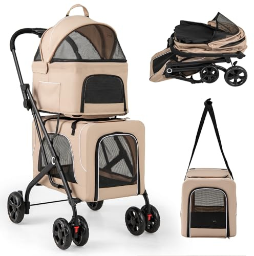 COSTWAY 3 i 1 hundvagn, hundvagn, 2 våningar med nätfönster och fickor & stoppning, Oxford & metall, husdjursbuggy upp till 16 kg, hundbur, transportväska, vikbar, för hundar, katter, husdjur (beige)