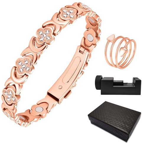LURICO Bracciale Magnetico in Rame Puro per Donna - Design Trifoglio Portafortuna, Lunghezza Regolabile, Gioiello Elegante, Bracciale Donna Rame