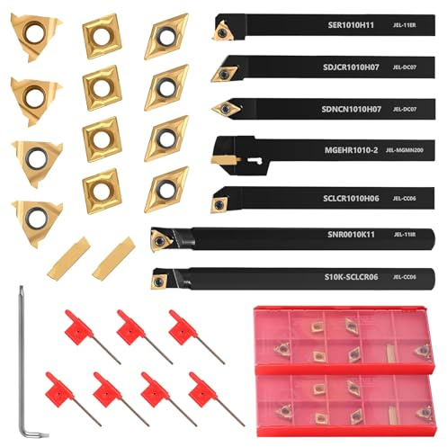 28 Piezas Herramienta de Torneado de 8 mm, Juego de Herramientas de Torno de Torneado, con 7 Barras de Mandrinar, 14 Insertos de Carburo, Apto para Ranurado, Roscado en Tornos Metal y Mini Tornos