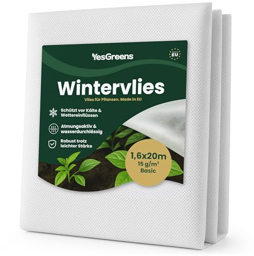 YesGreens Wintervlies für Pflanzen – Atmungsaktiv, wasserdurchlässig & UV-stabil – Agrarvlies – Winterschutz Pflanzen außen – Pflanzenschutz Winter – Made in EU (1,6×20 m – 15 g/m² Basic)