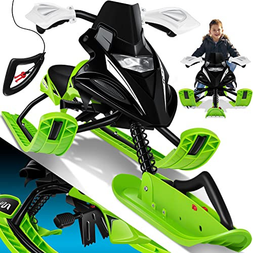 KESSER® Lenkschlitten mit 2 Fußbremsen | Automatisches Zugseil | Federung | Kufenlenkung | Bob Kinderschlitten Rodel Schlitten | Skiboblenkschlitten | Grün