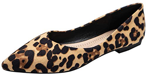 Jamron kvinnors spetsiga tå-ballerinor lätta platta pumpar, Leopardbrunt, 35.5 EU