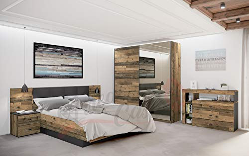 Camera da Letto Rustica Moderna con Armadio Ante Scorrevoli Una in Parte Specchiata Comodini Cassettiera E Letto Stanza da Notte Effetto Legno Completa CDLI9