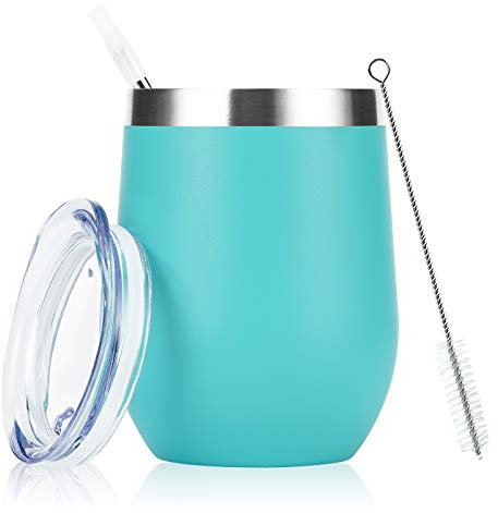 Joymaking 12oz Insulated Stainless Steel Wine Tumbler with Lid and Straw, Double Walled Wine Glass Tumbler Gift for Women, Great for Hot & Cold Drinks -Wine, Champagne, Coffee, Ice Cream(Aqua Blue)