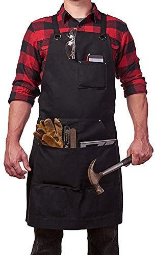 Tablier de Travail Durable, Hommes Outil Tablier de Cuisine Sangle Ajustable Toile avec 4 Poches, Tablier d'Atelier de Menuiserie pour Barbeque Baker Menuiserie Tatoueur Barber Barman Peintre - Noir