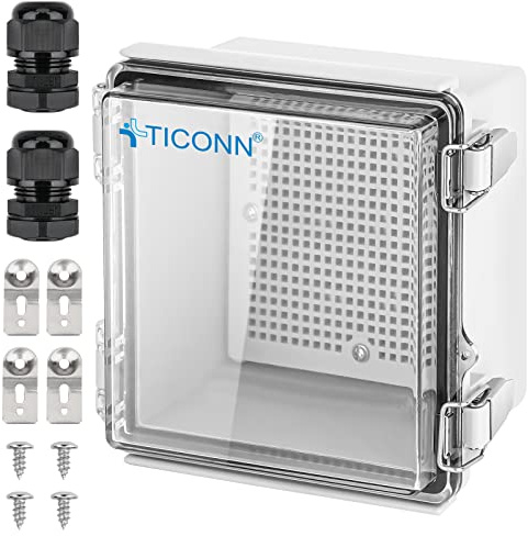 TICONN Waterproof Electrical Junction Box IP67 ABS Plastic Enclosure with Hinged Cover with Mounting Plate, Wall Brackets, Cable Glands (Clear, 5.9x5.9x3.5)