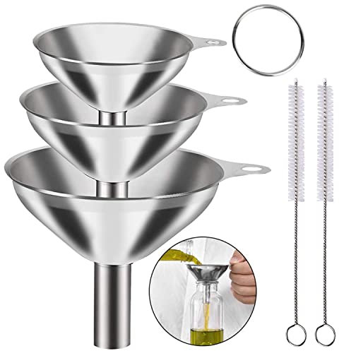 3 Pcs Stainless Steel Funnels Food Grade Metal Funnel Set No Spilling Small Medium Large with Cleaning Brushes for Transferring Liquid, Essentail Oil, Spices, Flask, Perfume (1.7Inch/2.2Inch/2.9Inch)