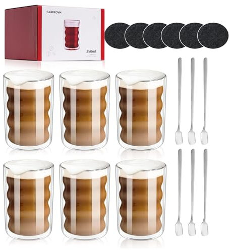 GARPROVM Vasos de café latte macchiato, 6 x 350ml tazas de cristal de doble pared, tazas de café capuchino espresso té, vasos térmicos de cristal, 6 cucharas + 6 posavasos