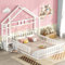 Kinderbett Hausbett 140x200 cm Rausfallschutz Bett mit Nachttischen, Bodenbett Bettgestell Flachbetten Holzbett Mit Rausfallschutz und Lattenrost für Kinder Jungen & Mädchen, ohne Matratze, Weiß
