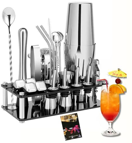 Cocktail Making Kit 23 pcs - 750ml Stainless Steel Cocktail Shaker Set with Acrylic Stand, Recipe Booklet, Includes 4 Whiskey Stones - Complete Bar Kit Tools for Mixing Drinks at Home, Bar, Parties