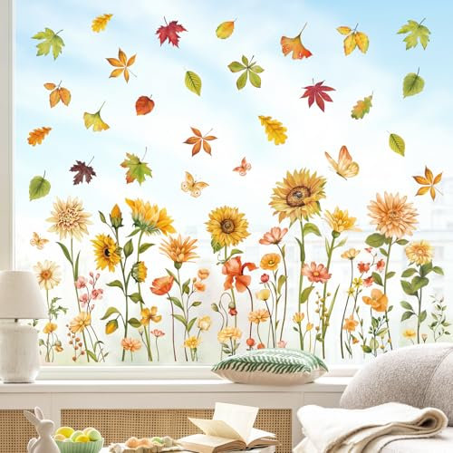 decalmile Fensteraufkleber Herbst Blätter Fensterbilder Herbst Fenster Abziehbilder SonnenBlumen Ahornblätter Lastwagen Anti-Kollision Fensterfolie Glas Fensterdeko Aufkleber