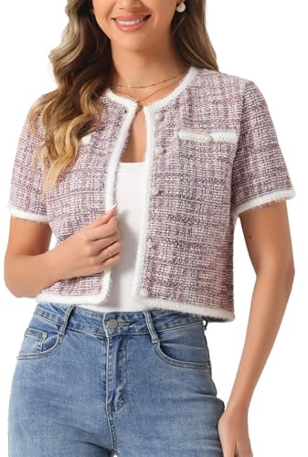 Allegra K Veste d'été à manches courtes en tweed pour femme, col rond, boutons sur le devant