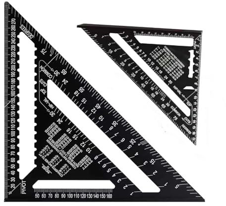 2 Pcs Rafter Square Metric, 12 inch & 7 inch Black Rafter Square Set, Aluminum Carpenters Roofing Square Tool, Metric Woodwork Square, Triangle Ruler Protractor