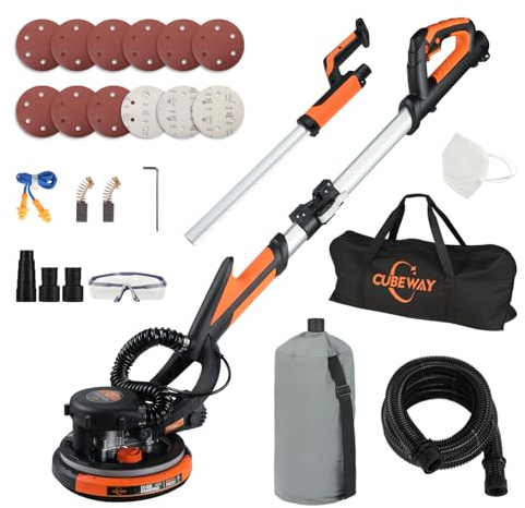 CUBEWAY Ponceuse murale et plafond 750 W, vitesse maximale 1800 tr/min, ponceuse murale avec LED et poignée télescopique, ponçage 215 mm, sac d'extraction, poignée pliable, tête