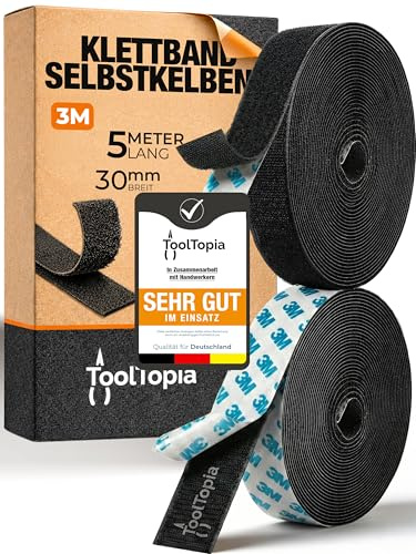 Kardborreband, självhäftande, extra starkt utomhus och inomhus, 30 mm x 5 m, svart (3 m märkeslim), tejp för gör-det-själv, hantverk, hushåll, sömnad ... ToolTopia