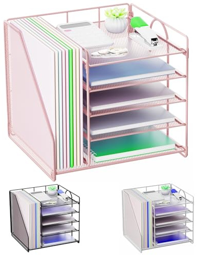 Volmop Desk Organizers, 5-Tier Paper Letter Tray Organizer with File Holder, Mesh File Organizer, Desktop Organizers and Storage for Desk Accessories Office Supplies, Pink