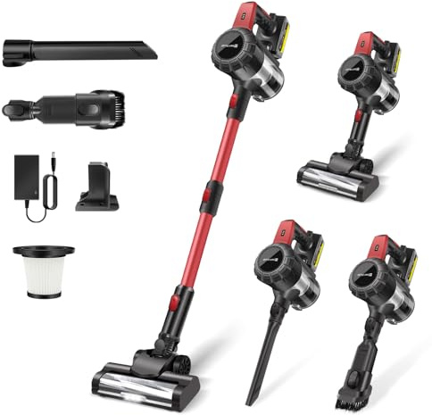 Akku Staubsauger, Akku Stabstaubsauger Kabellos, Akkusauger mit Anti Tangle Bürste, 99,999% Filterleistung Akku Autostaubsauger, 80 Minuten Laufzeit für Alle Fußböden (Rot, Akku nicht entfernbar)