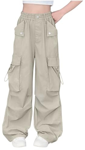 duxyoz Cargo Pants Girls Baggy Cargo Parachute Trousers Y2K Vintage Joggers High Waisted Lightweight Wide Leg Casual Trouser Elastic Waist Loose Oversize Joggers for Dancewear Age 12-13 Years