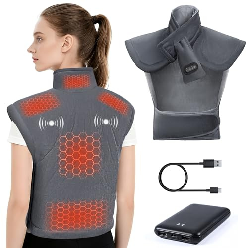Arlierss Coussin Chauffant pour Cou Dos Épaules avec Batterie 10000mAh, Coussin Chauffant Électrique avec 3 Niveaux Réglage Température & 3 Modes de Massage, Fonction D'arrêt Automatique