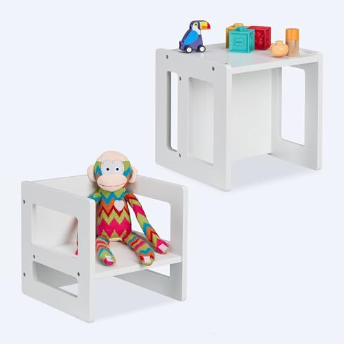 Relaxdays Sitzhocker Kinder 2er Set, Wendehocker, 2 Sitzhöhen, mit Armlehnen, HxBxT: 30x30x30 cm, Kindertisch, MDF, weiß