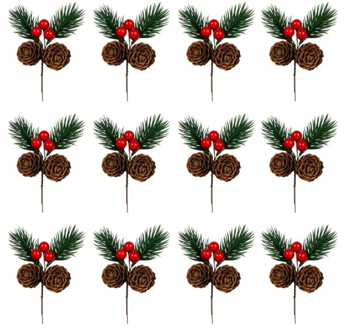 EujRcf 12Pcs Pine Cones and Christmas Wreath Decorations, Artificial Christmas Flowers and Xmas Table Decorations, 3.7in Pine Cones