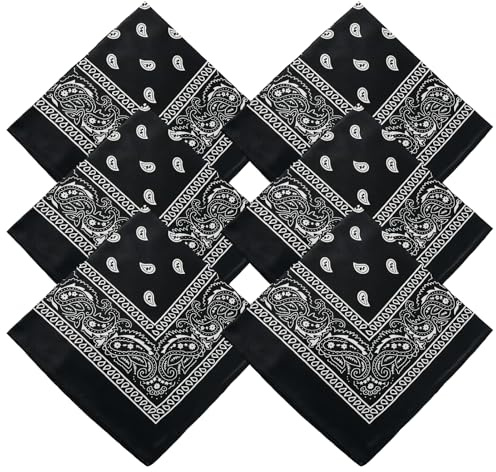 Lot de 6 Bandana Noir, Classique Foulard carré avec Motif Paisley, Rétro Style Bandana pour Femme Homme, Multifonction Foulard Cheveux,54 * 54CM