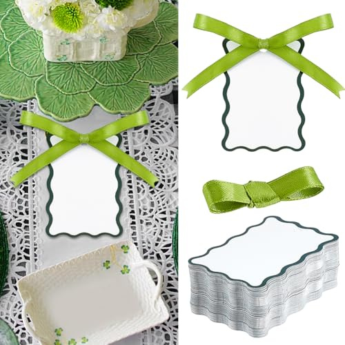 CRAFTYMELODY 100 tarjetas rectangulares de papel con cintas de poliéster, tarjetas de nombre, tarjetas de asiento en blanco para mesa para boda, fiesta, cena, banquete, celebración, suministros, color