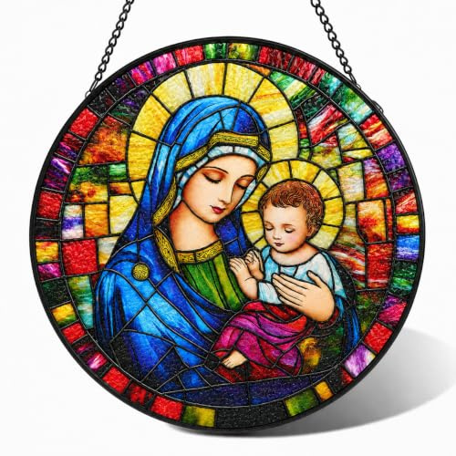 Allinside Atrapasueños de vitral de la Virgen María, atrapasueños de 8 pulgadas para ventanas, vidrieras, regalos católicos para mujeres y hombres, sala de estar, sala de oración, porche y decoración