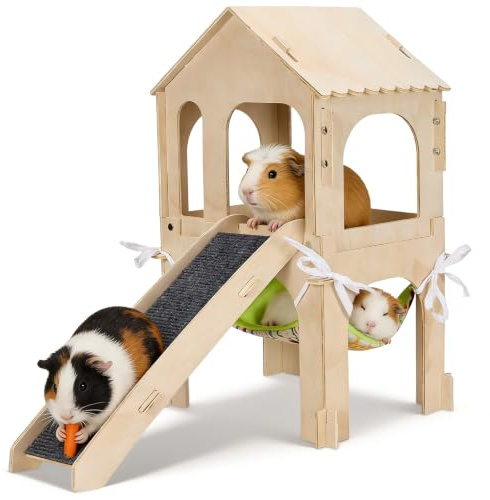3 in 1 Wooden Guinea Pig House with Platform, Stairs & Hammock, 2-Story Guinea Pig Hideout for Hamster, Gerbil, Bunny, Chinchilla