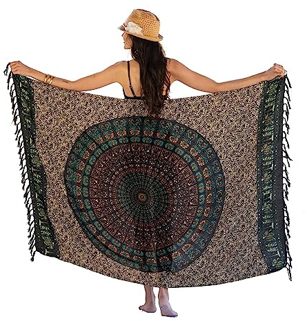 NELUHA Sarong Mandala, Mandala brun grön, 200x150cm