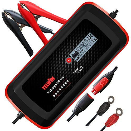 Telwin Caricabatteria Multifunzione T-Charge 20 Evo 12V/24V, Mantenitore di Carica e Tester con Schermo LCD per Batterie di Auto e Veicoli con Tecnologia Pulse Tronic