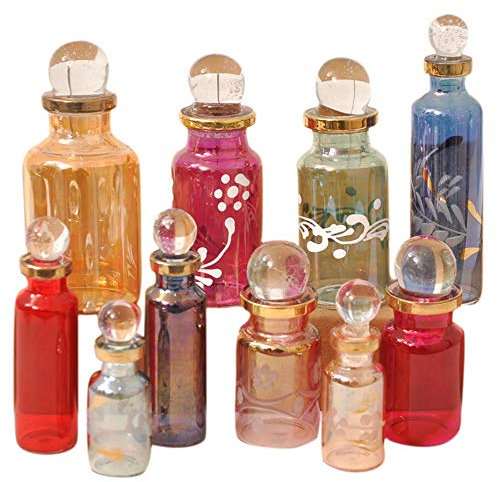 CraftsOfEgypt Genie Blown Empty Glass Mini Bottles for Perfume, Essential Oils or Potion - Set of 10 Decorative Small Vials, Each 2 High (5cm), Assorted Colors