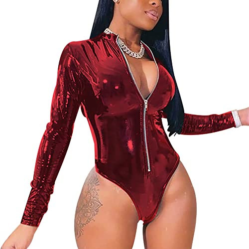 Tidecc Body en cuir effet mouillé à manches longues avec fermeture éclair sur le devant pour femme, Rouge, 38