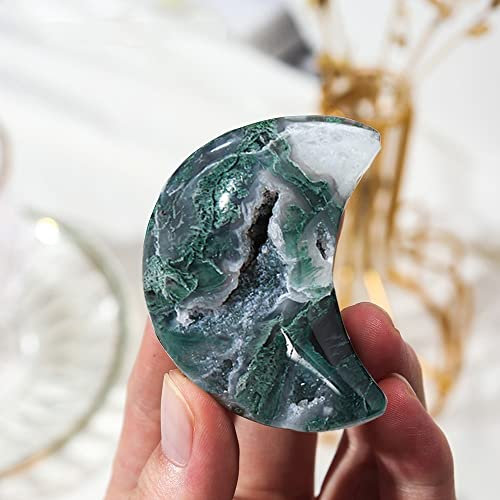 LiuliuBull Cristal Natural Green Moss Moss Agate DRUXZY Cristal Cava Cava CANACIONAL DE Piedra DE LA Luna Forma DE LA MONDICA ARNAMENTARIOS (Color : Moss Agate)