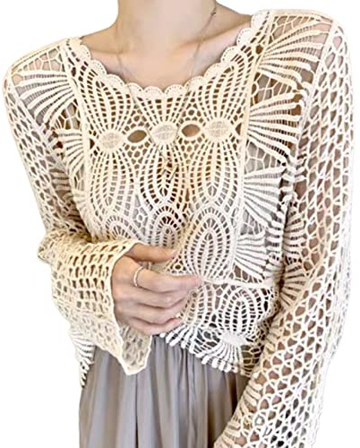 Femmes Sexy Crochet Creux Dentelle Transparent Couverture Bikini T-Shirt Été Manches Longues Tricoté Floral Dentelle Pull Crop Top, abricot, Taille Unique