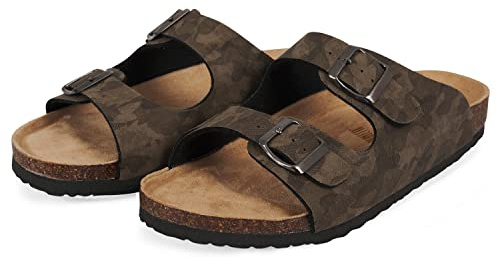 PERLETTI Sandalias Hombre Verano Cómodas - Zapatillas Casa Doble Hebilla - Sandalias Planas Plantilla Cuero Auténtico (Marrón Camuflaje, Sistema tallas calzado EU, Adulto, Números, mediano, 43)