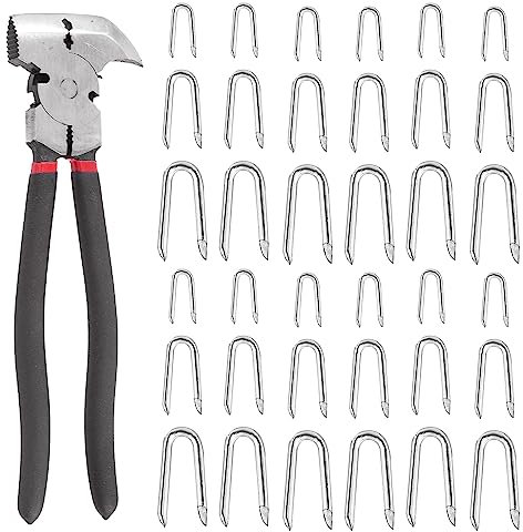 Glarks 151Pcs 3 Sizes Fence Staples with Fencing Pliers Set, Silver Steel Wire Fence Staples U Shaped Nails U Staples for Woven Fencing and Wire Mesh