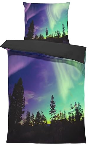 one-home Bettwäsche 135x200 cm Mikrofaser Bettbezug Fotodruck modern weich und kuschelig knitterfrei für Sommer und Winter geeignet, Farbe:Polarlichter schwarz, Größe:2 teilig 135x200 cm