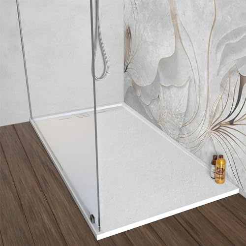 Piatto doccia 70x140 cm bianco effetto pietra in resina, spessore 3 cm e scarico con canalina, riducibile su misura ARGO