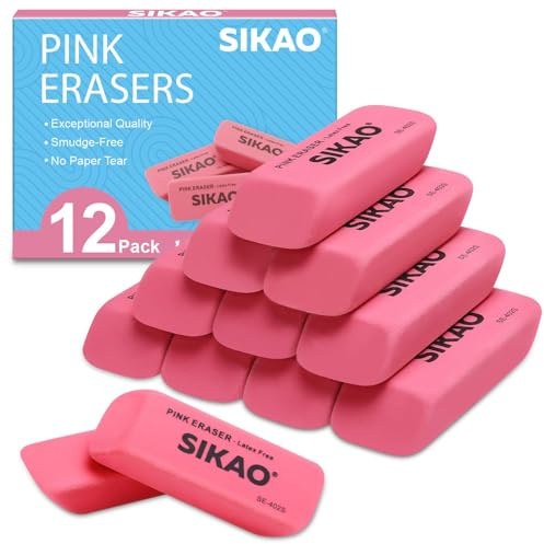 SIKAO Pink Erasers, 12 Pack Pencil Erasers for Kids – Latex-Free & Smudge-Free Beveled Rubber Erasers for School Supplies, Classroom, Art & Homework
